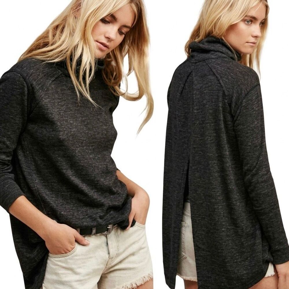 We The Free People Mock Neck Open Slit Back Tunic Sweater Gray Size Small